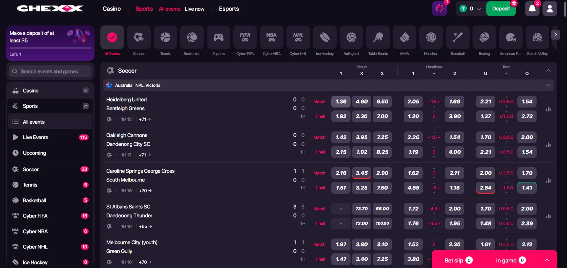 Interface real do sportsbook CHEXX com modalidades e eventos desportivos