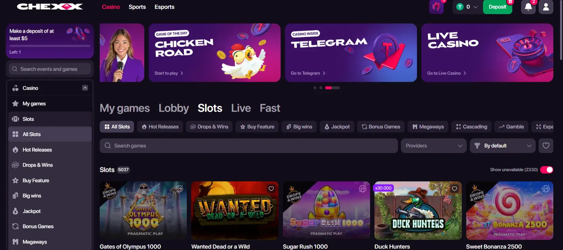 Lobby oficial de slots CHEXX com categorias e filtros visíveis