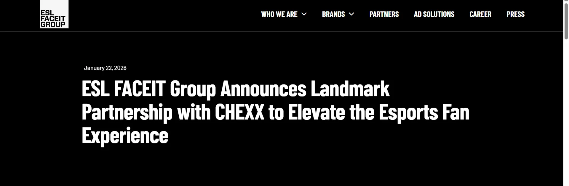 Comunicado oficial da ESL FACEIT Group sobre a parceria com a CHEXX em 2026
