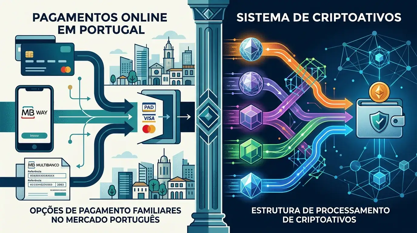 Ilustração editorial sobre pagamentos em Portugal e caixa cripto CHEXX