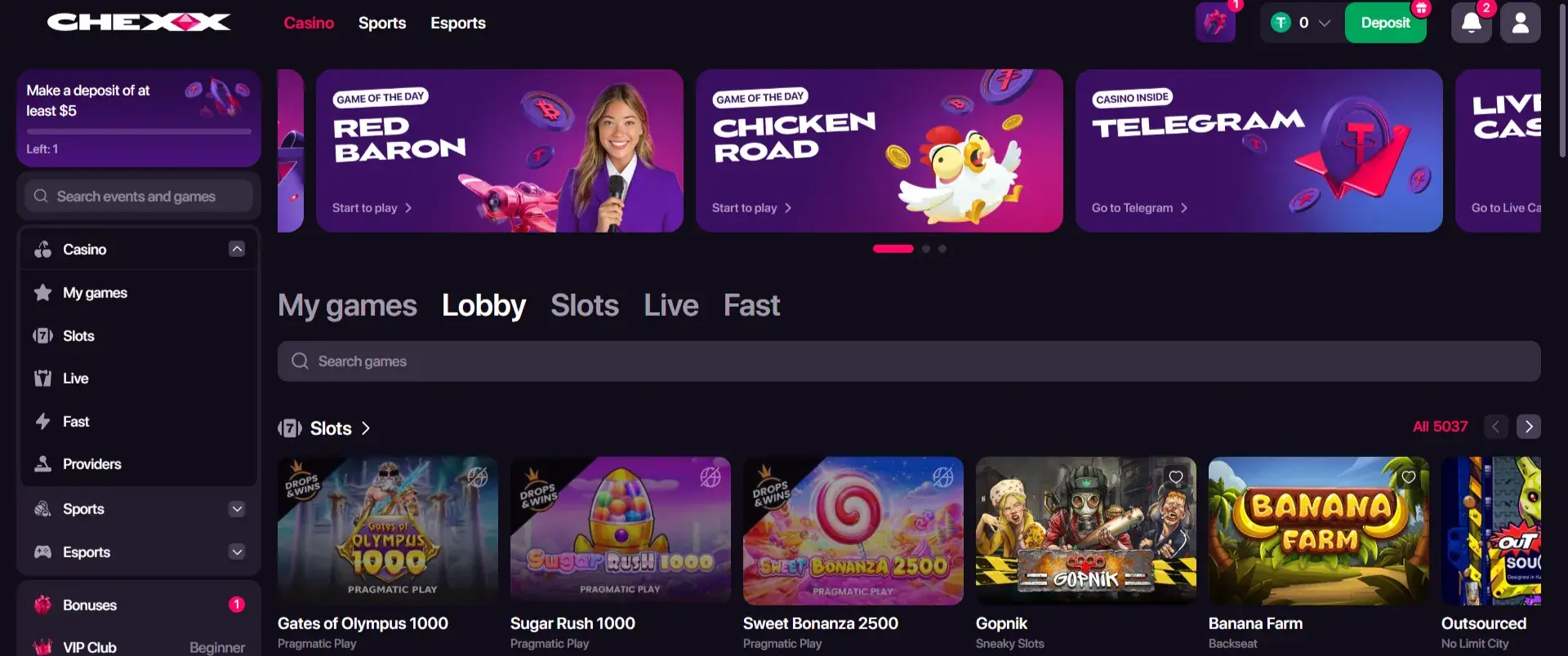 Lobby oficial da CHEXX com categorias e fornecedores de jogos