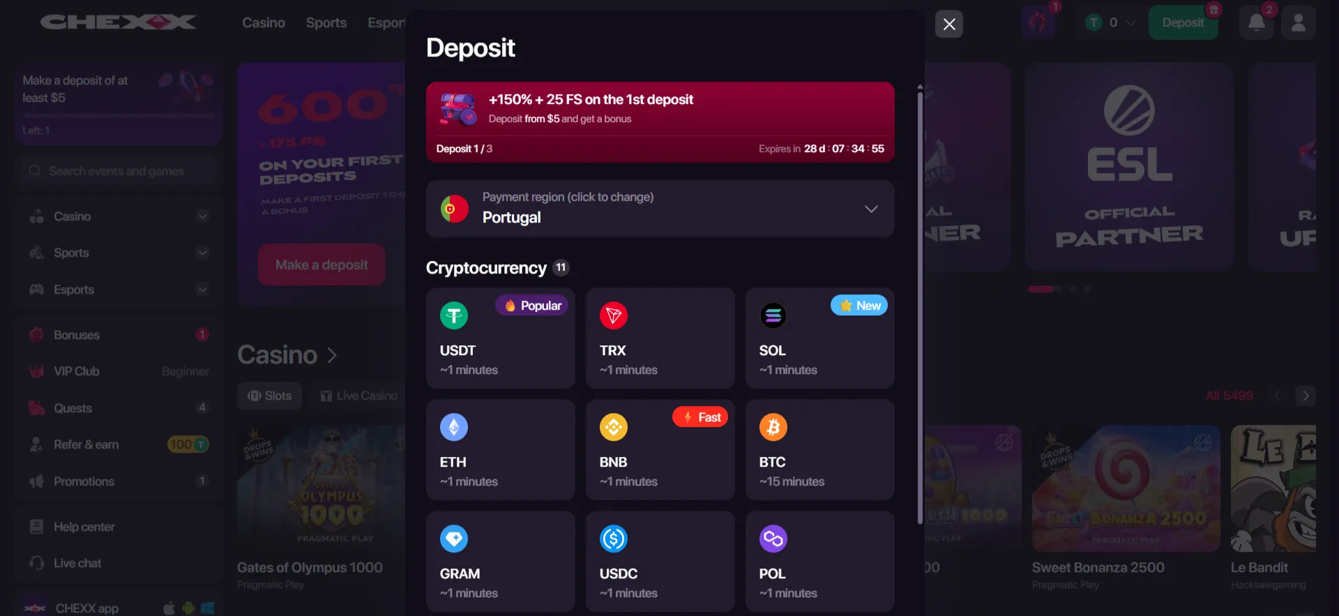Fluxo real de levantamento CHEXX com seleção de criptomoeda e rede