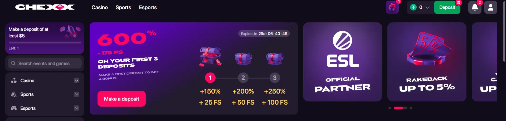 Área oficial de promoções e bónus da CHEXX