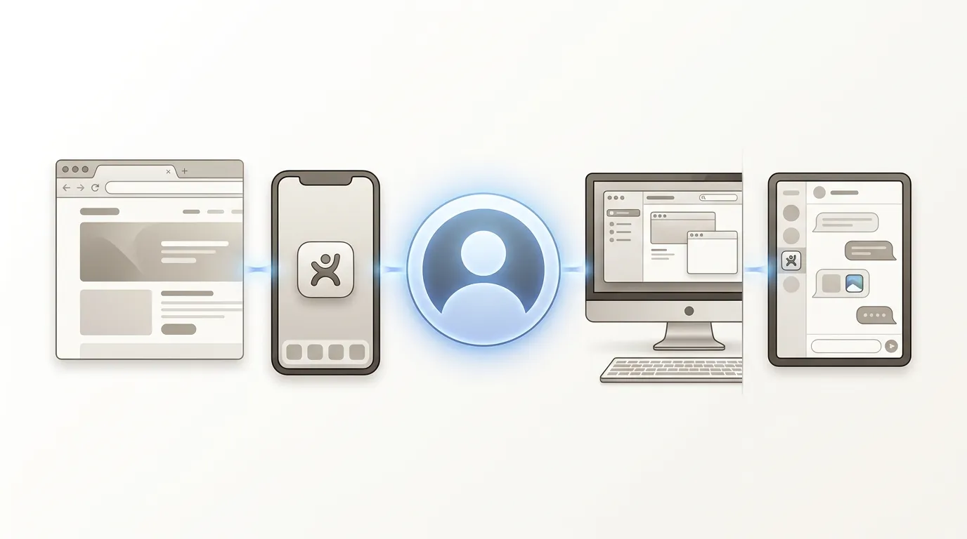 Ilustração editorial das formas de acesso à CHEXX por web, PWA, desktop e Telegram